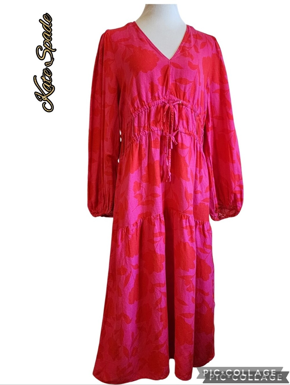Kate Spade Pink/Red Floral Linen Gathered Dress, Front Ties, Pockets, 3/4 Sleeve - Picture 14 of 14